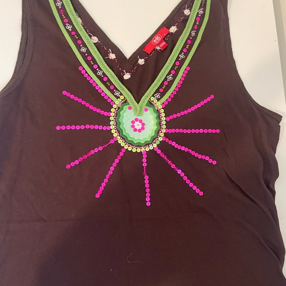 Embellished Brown V-Neck Tank with Pink & Lime Accents